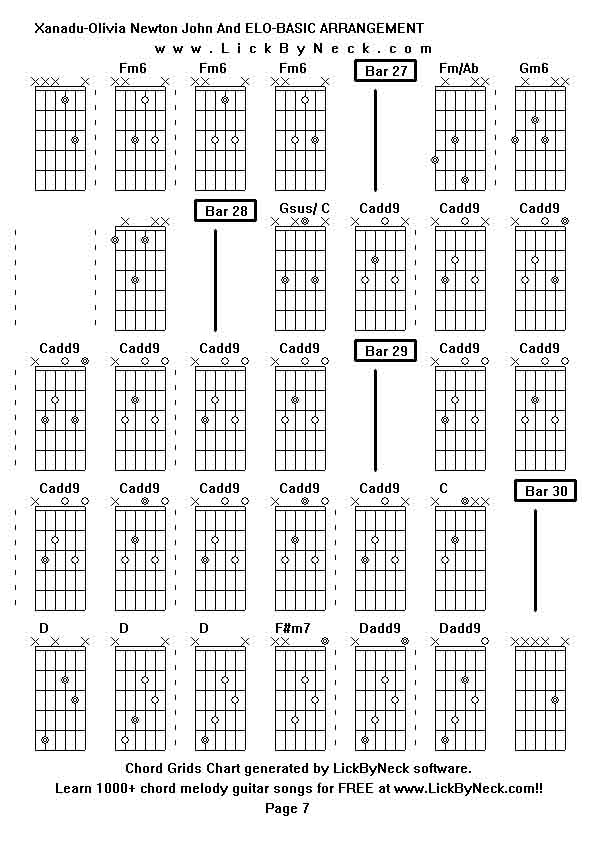 Chord Grids Chart of chord melody fingerstyle guitar song-Xanadu-Olivia Newton John And ELO-BASIC ARRANGEMENT,generated by LickByNeck software.